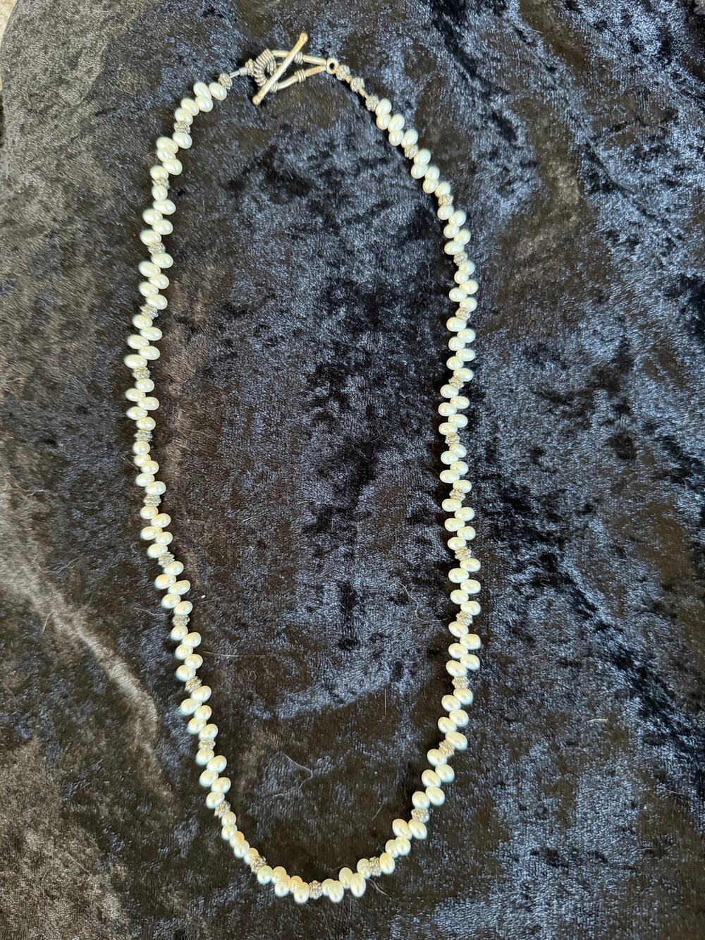 Freshwater Pearl Necklace Artisan Floral Spacers Statement Toggle Clasp 22”